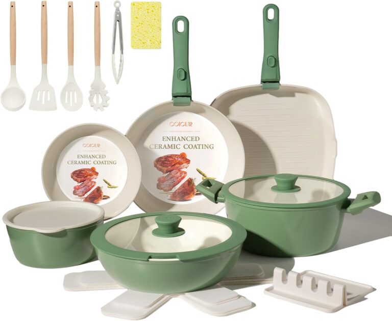 Ceramic Cookware Set 23Pcs Non Stick Pots and Pans Non Toxic with Detachable Handle Induction Kitchen Cookware Set Space Saving, Oven & Dishwasher Safe, Forest Green
